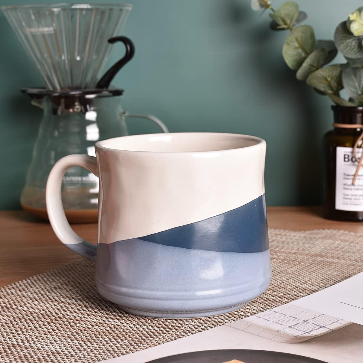 Bosmarlin Large Stoneware Coffee Mug, Big Tea Cup for Office and Home, 21 Oz, Dishwasher and Microwave Safe, 1 PCS (Geometry-Blue)
