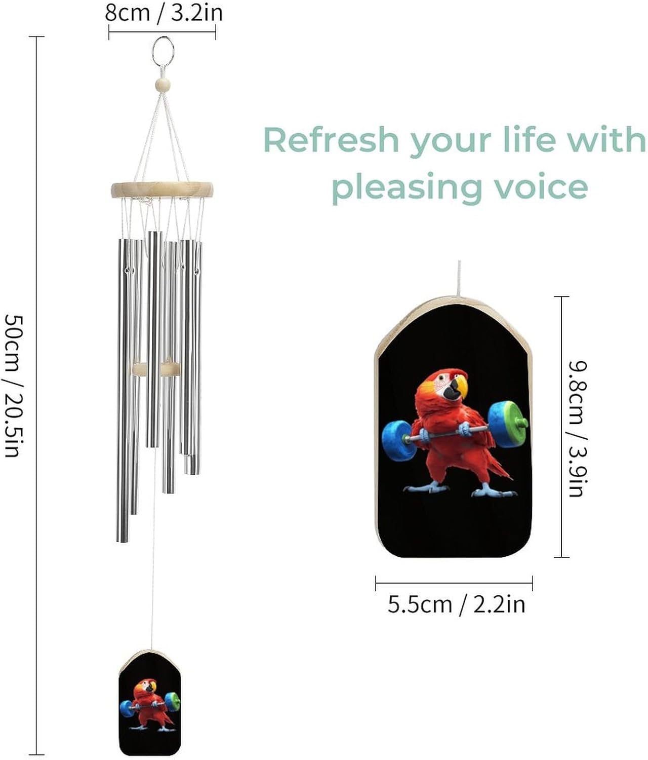 Parrot Weightlifting Wooden Wind Chimes Deep Tone Memorial Windchime for Outside Garden Home Decoration