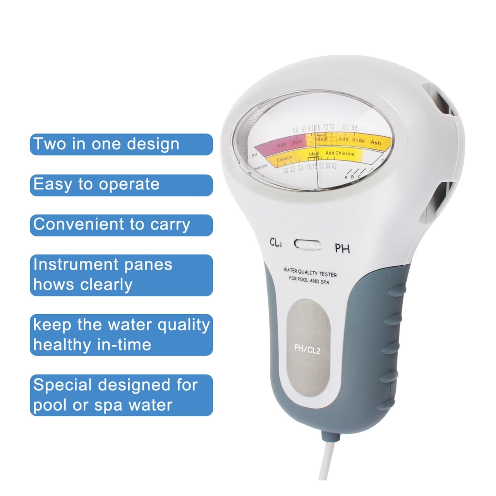 Tester per Acqua 2 in 1 Dispositivo di Test della qualità Acqua PH Tester for Piscina Spa Cloro Misuratore Misura CL2 Multiuso Accurato Facile