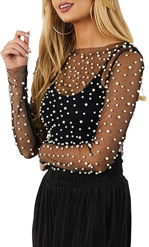 Top sexy de malla transparente con perlas para mujer, top transparente de manga larga con diamantes de imitación