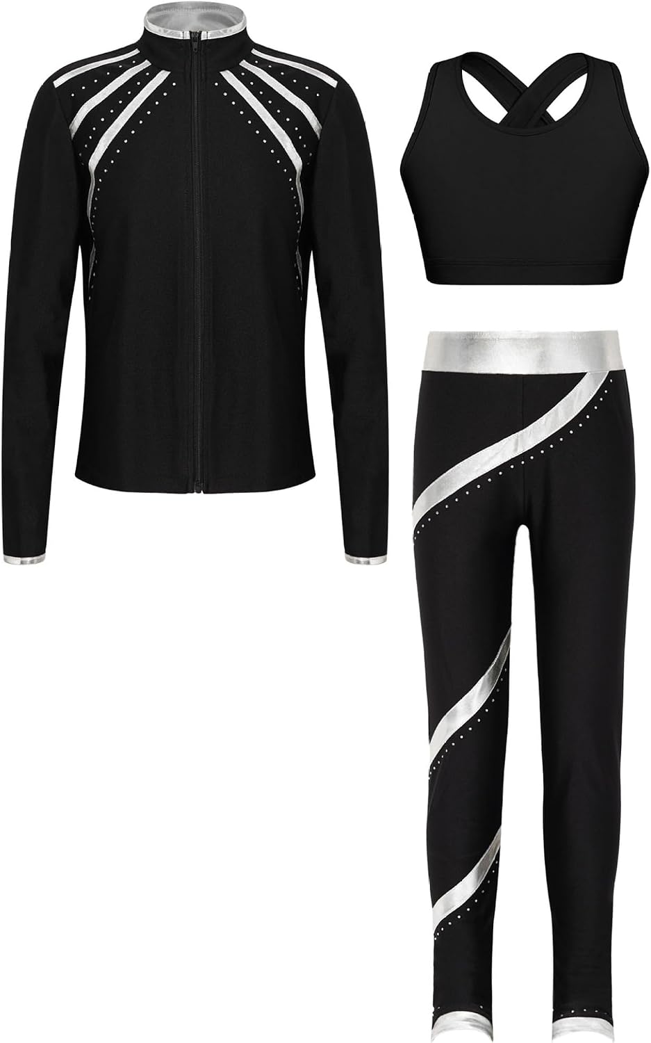 Kids Girls 3Pcs Skating Gymnastics Performance Sportsuit Sleeveless Crop Top Zipper Jacket and Leggings Set