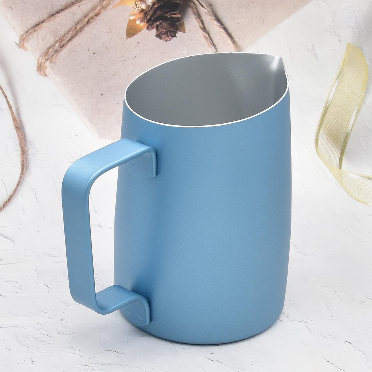 Milk Pitcher 14.2oz/420ml Espresso Steaming Pitcher Stainless Steel Milk Frother Jug for Latte Art (Blue)