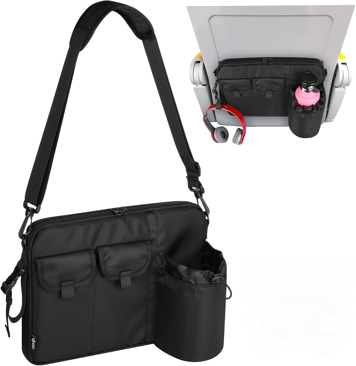 Airplane Seatback Organizer Flight Seat Back Storage Bag Hanging Pocket with Adjustable Shoulder Strap, Commuter Shoulder Bag Travel Essentials Media Pouch for Personal Items