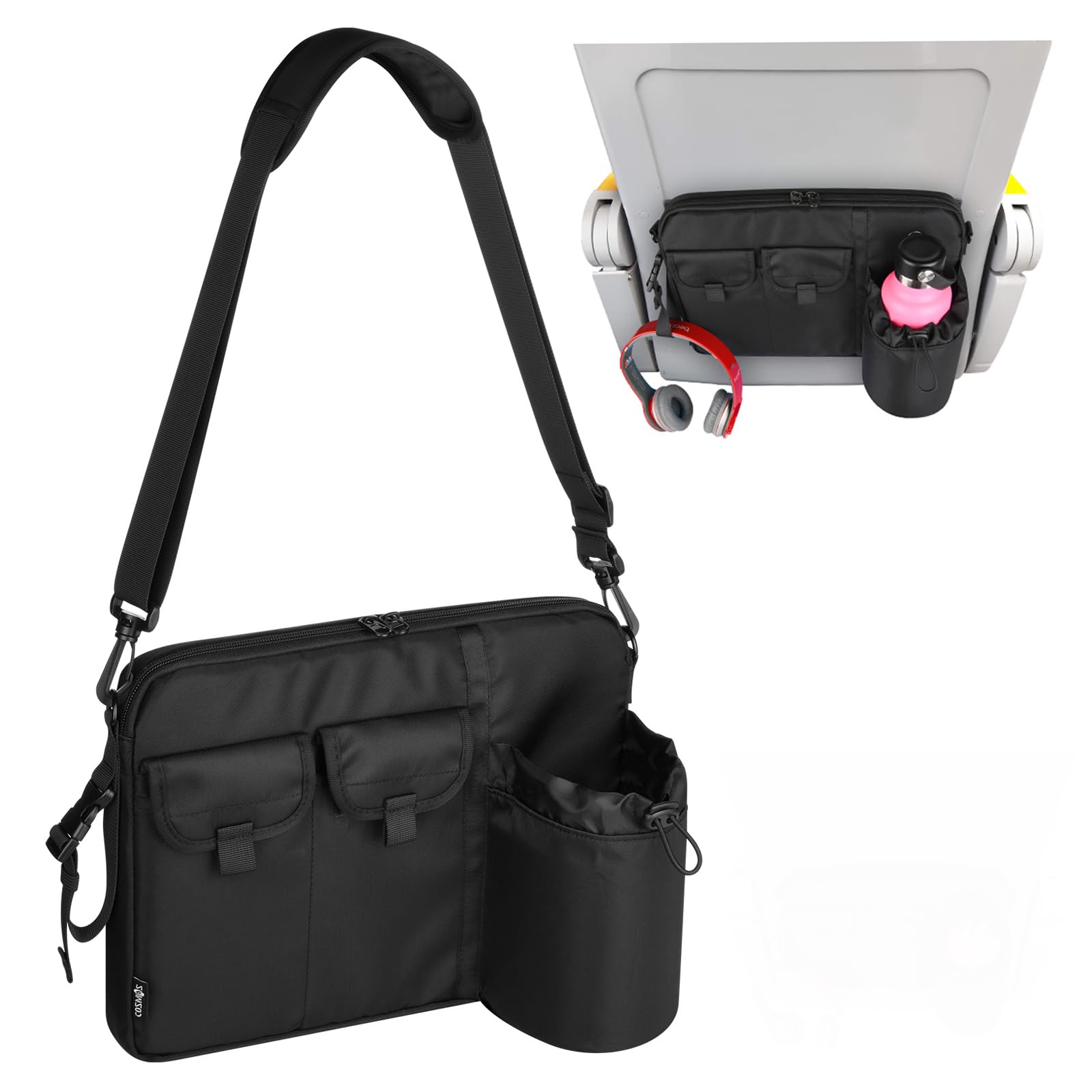 Cosmos Cosmos Airplane Seatback Organizer Flight Seat Back Storage Bag Hanging Pocket with Adjustable Shoulder Strap, Commuter Shoulder Bag Travel Essentials Media Pouch for Personal Items