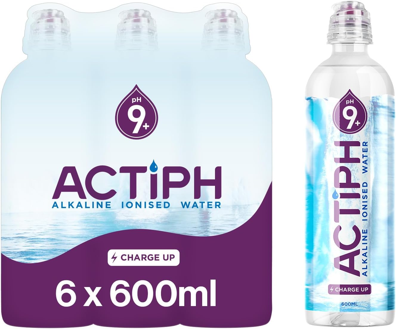 Alkaline Ionised Spring Water pH9+ (6x 600ml) Purified with Electrolytes Clean and Smooth Taste ACTIPH Water