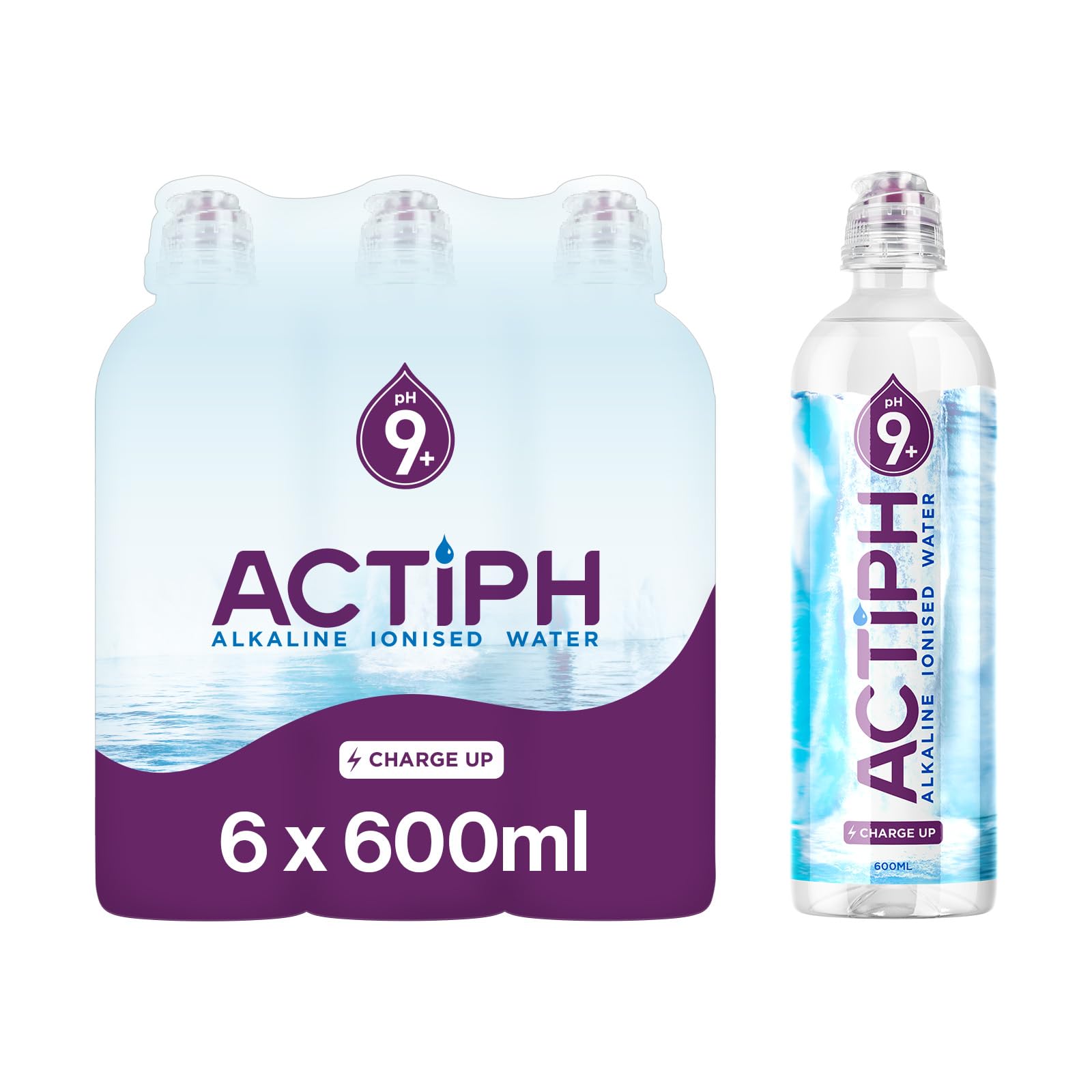 Alkaline Ionised Spring Water pH9+ (6x 600ml) Purified with Electrolytes Clean and Smooth Taste ACTIPH Water