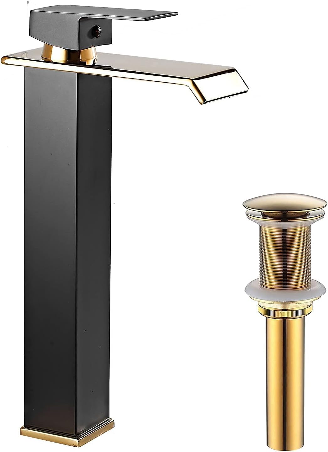 Bathroom Vessel Sink Faucet Black Gold Waterfall Single Handle One Hole Tall Bowl Sink Faucet with Golden Drain Assembly Without Overflow