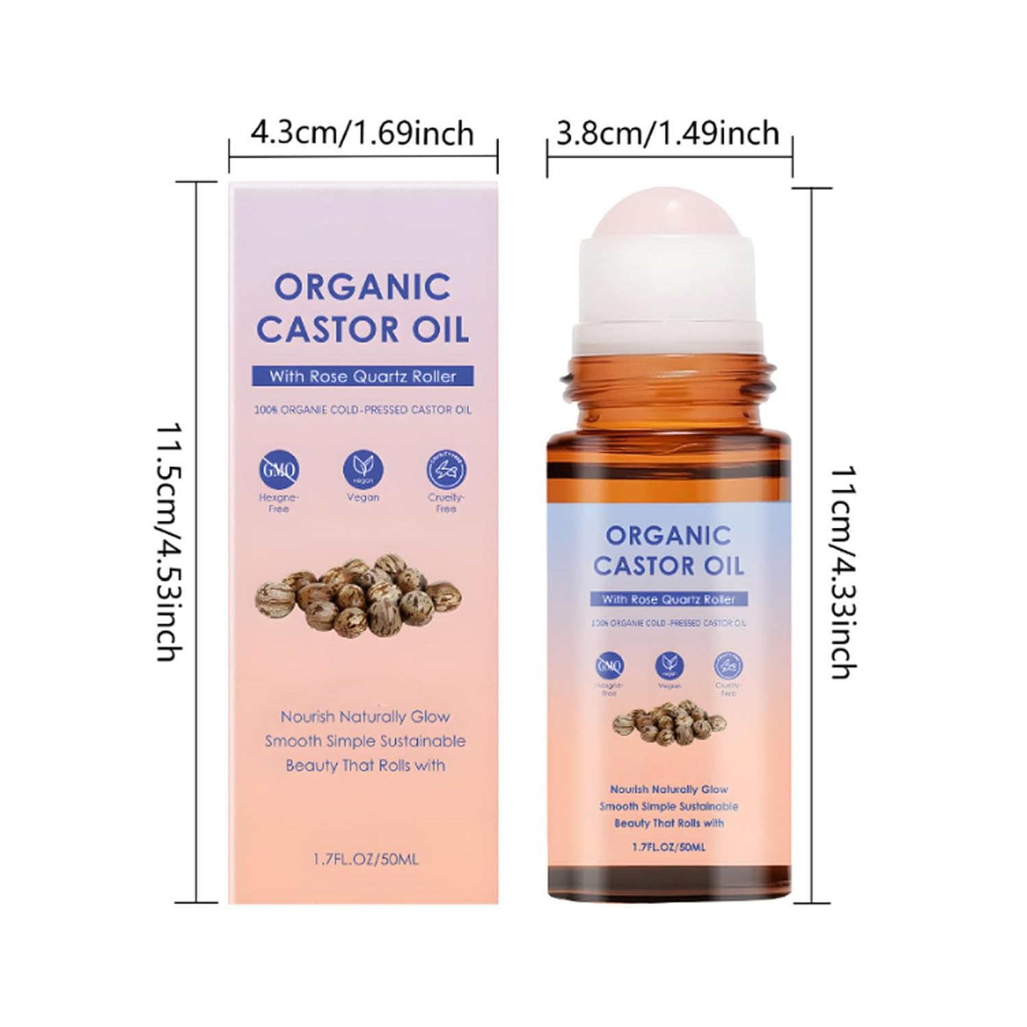 Organic Castor Oil Rose Quartz Roller Ball | Cold-Pressed Castor Essential Oil Roller for Face, Hair, & Eyebrows | Suitable for All Skin Types | Natural Beauty & Hydration
