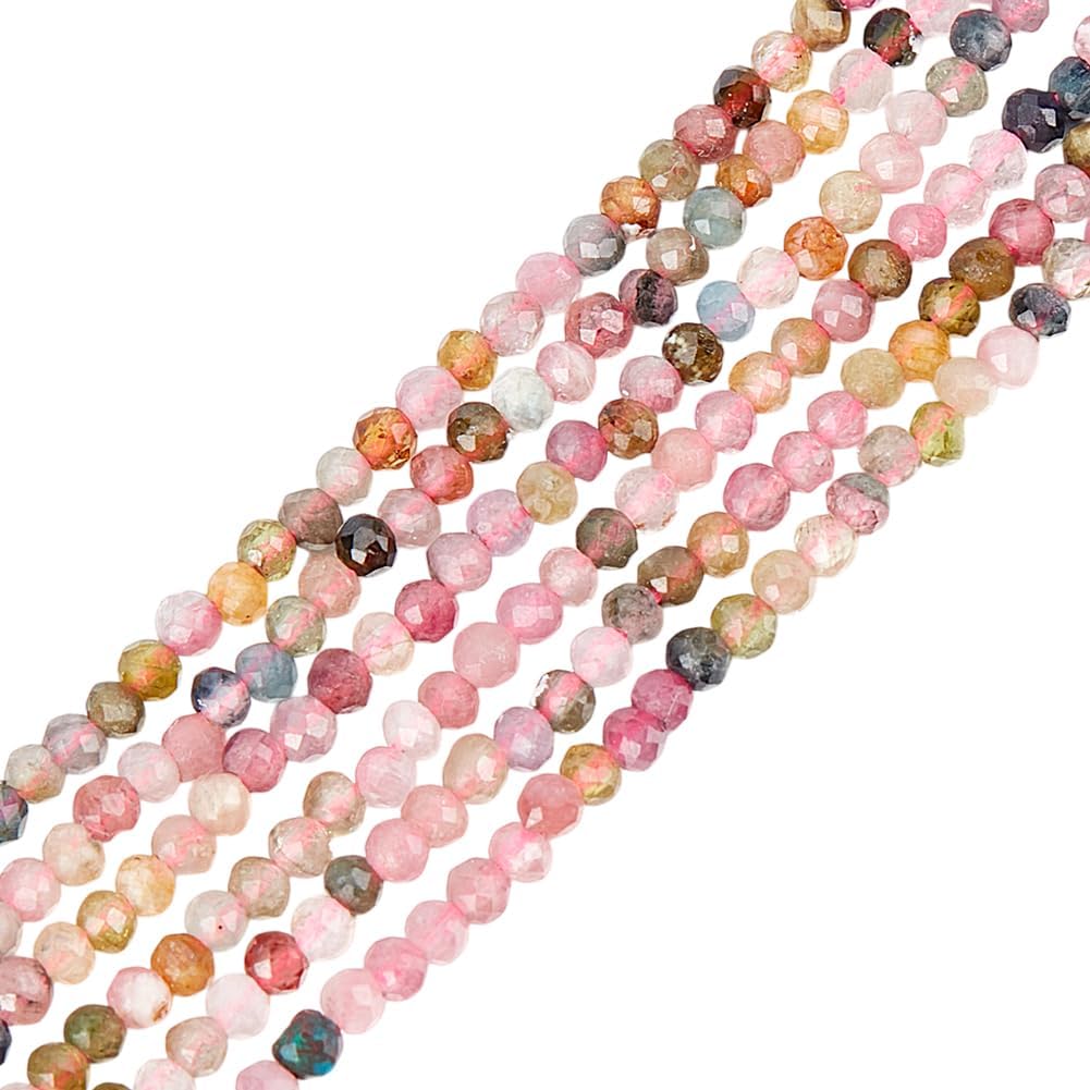 420Pcs 2 Strands Faceted Natural Tourmaline Beads 2mm Round Loose Gemstone Beads Mixed Color Bead Spacer Bead for Necklace Bracelets Jewelry Making Hole: 0.5mm
