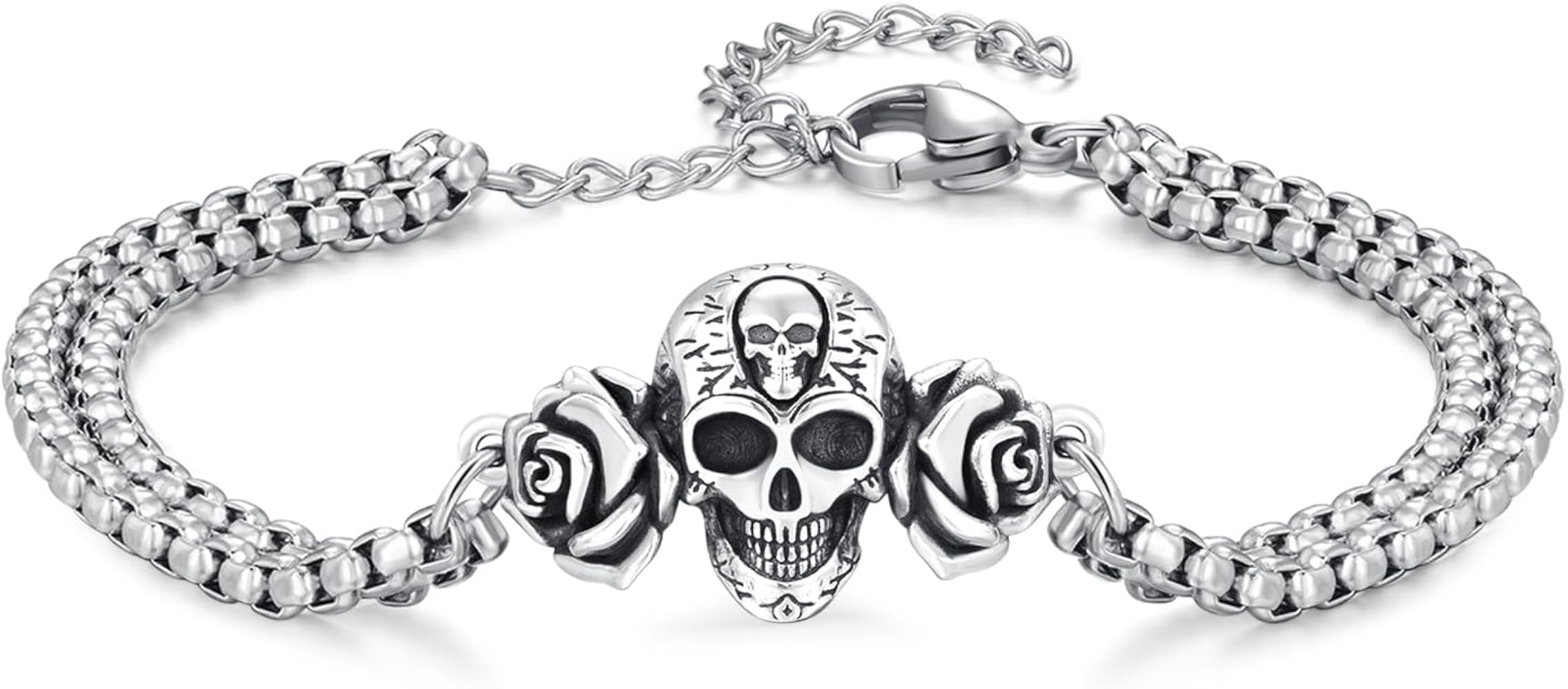 Bracelet Gothique En Métal Noir Avec Motifs Têtes De Mort - Style Punk/rock