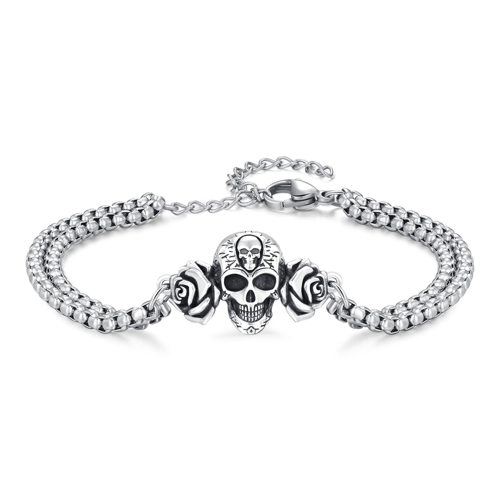 Bracciale Teschio Con Rosa REDSUN - Argento 925 Gotico Punk Unisex