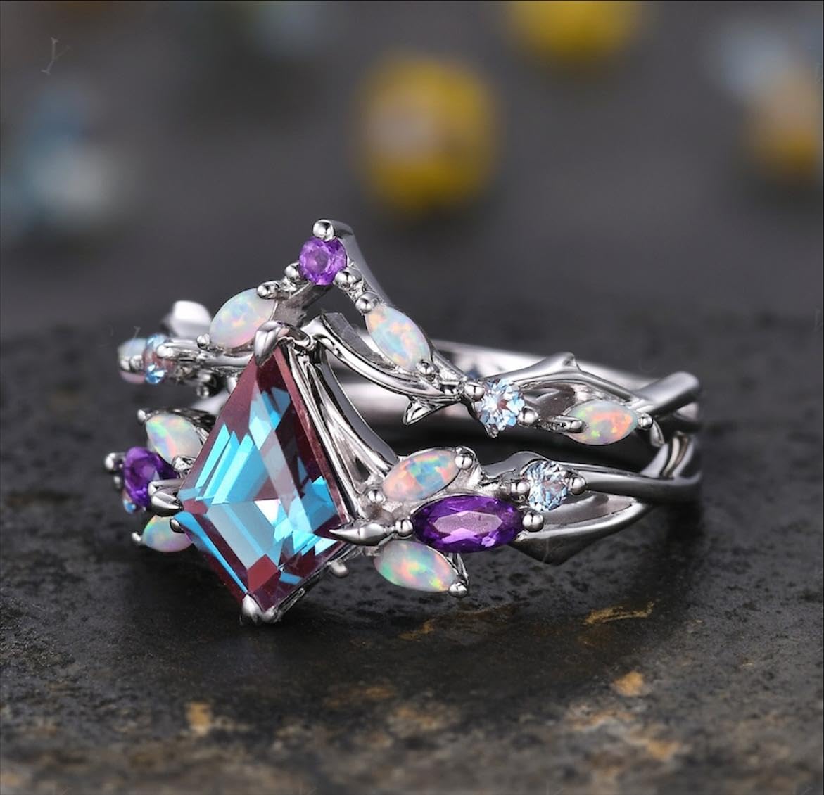 Vintage Kite-Shaped Natural Gemstone Ring with Leaf Design, Rose Gold Band, Diamond Accents, Available in Blue Topaz, Aquamarine & Multipel Stone, and Small Clear Crystal 925 Sterling Ring For Her