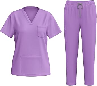 Womens Scrubs Classic Scrub Nurse Uniform Set V Neck Top and Cargo Pant Sets Short Sleeve Medical Workwear