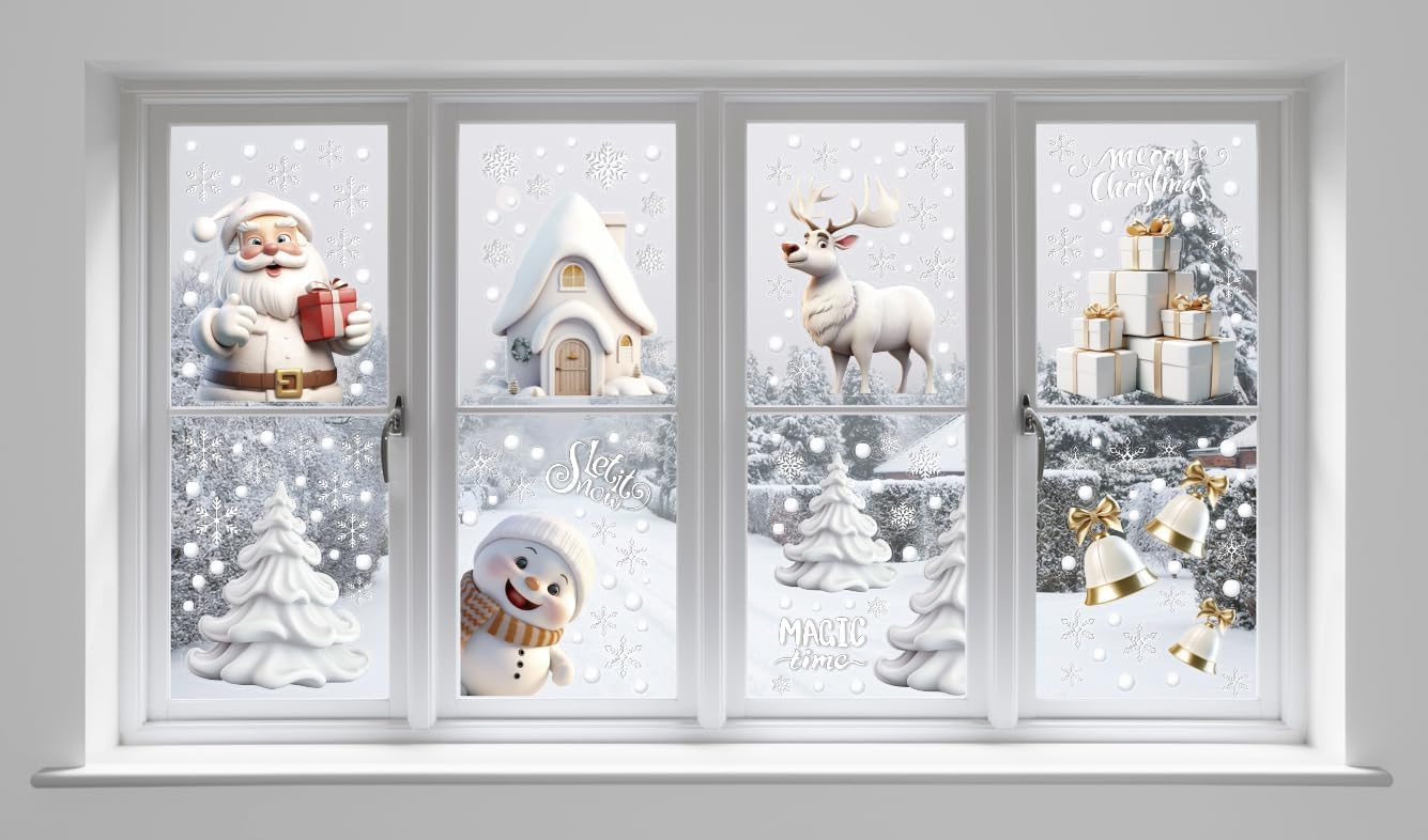 LOKIPA 8 Sheets Christmas Window Stickers Christmas Window Cling Christmas Window Decal White Stereo Static Sticker for Xmas Window Decoration