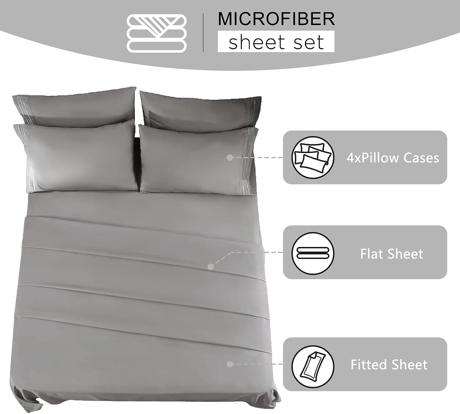 EASELAND Bed Sheet Set - California King Size Sheets 6 Pieces Bedding Sheet & Pillowcases Sets, Brushed Microfiber Sheet with Deep Pocket Fits 8 to 16 Inch(Cal King,Grey)