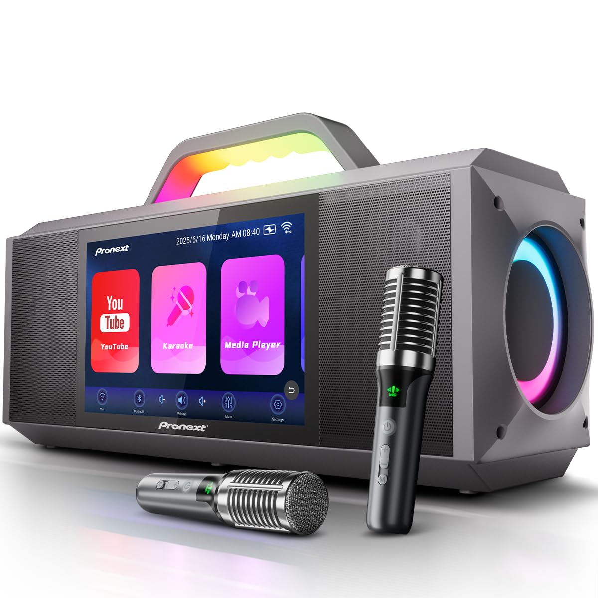 Pronext Karaoke Machine with Lyrics Display for Adults Kids, 200W Sound, 10 Inches Touch Screen, 2 Wireless Microphones, Portable Karaoke PA System, Connects to TV for Home, Party, or Backyard