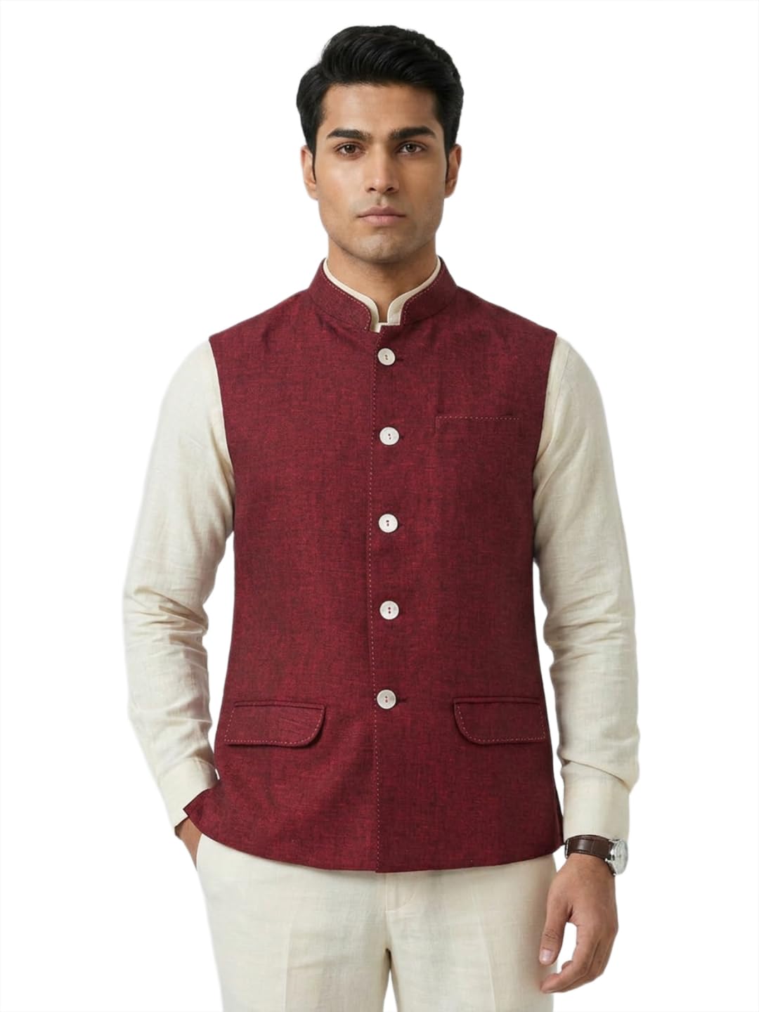 sanman ethnix by raymond Men Regular Fit Silk Look, Solid Pattern Pure Linen Mandarin Collar Sleeveless Festive Bundi-picture-21