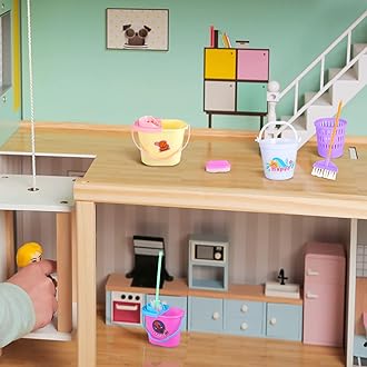 22 Pieces Miniature Bucket Doll Housework Cleaning Supplies Mini Dollhouse Accessories Mop Dustpan, Brush, Broom, Bucket Dollhouse Furniture Decoration Accessories for Dolls Pretend Play, Random Color