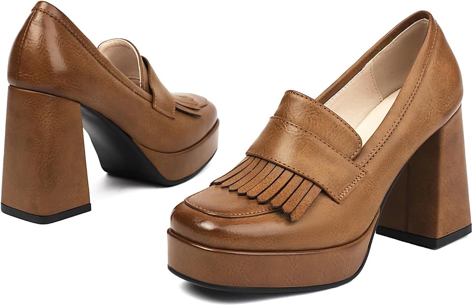 Chaussures Femme Loafer Plateforme Talon Haut 9.5 Cm – Bout Rond Classique Élégant, Taille 34-41
