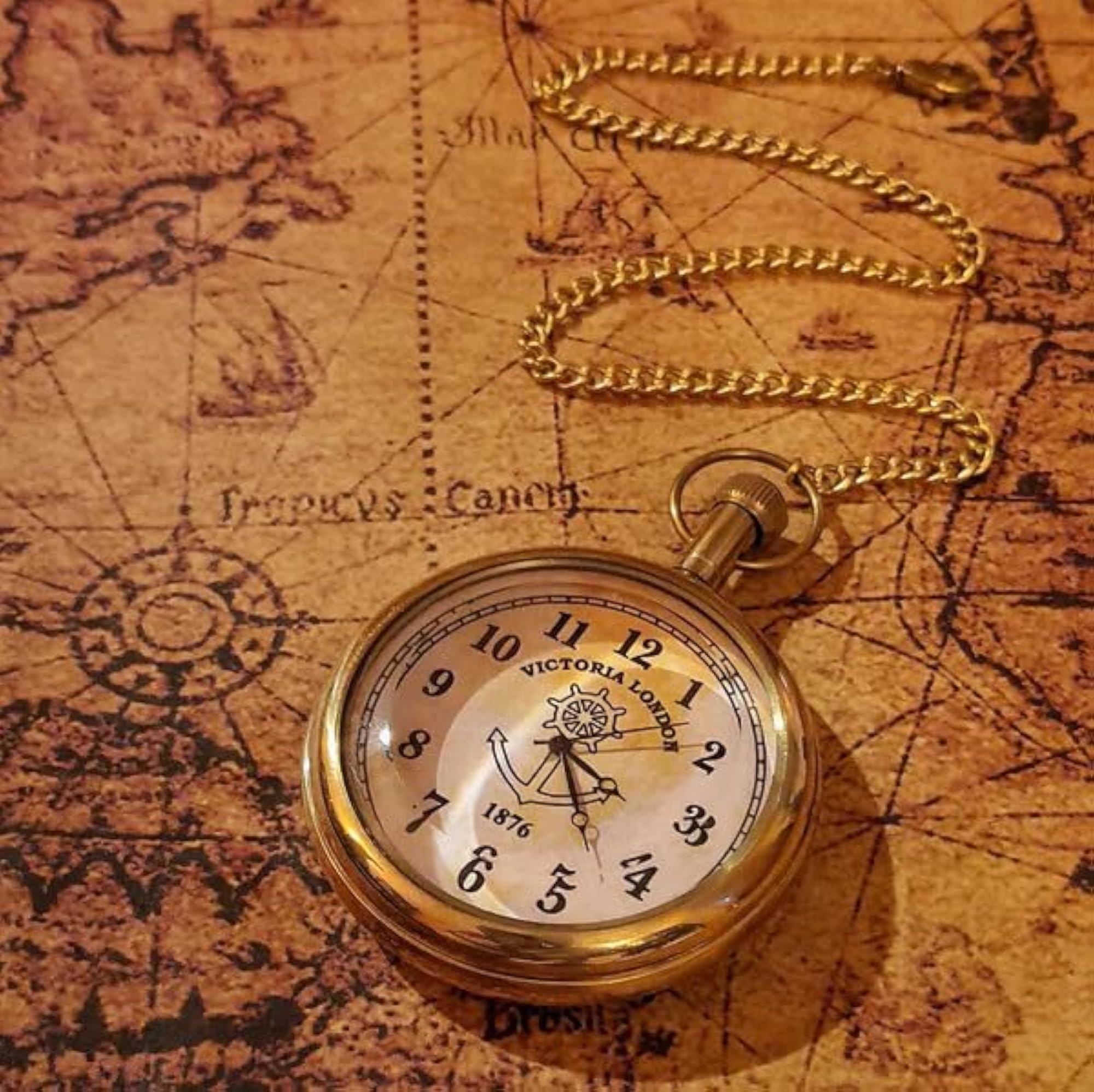 Vintage Victorian Brass Pocket Watch with Chain, Lightweight Design