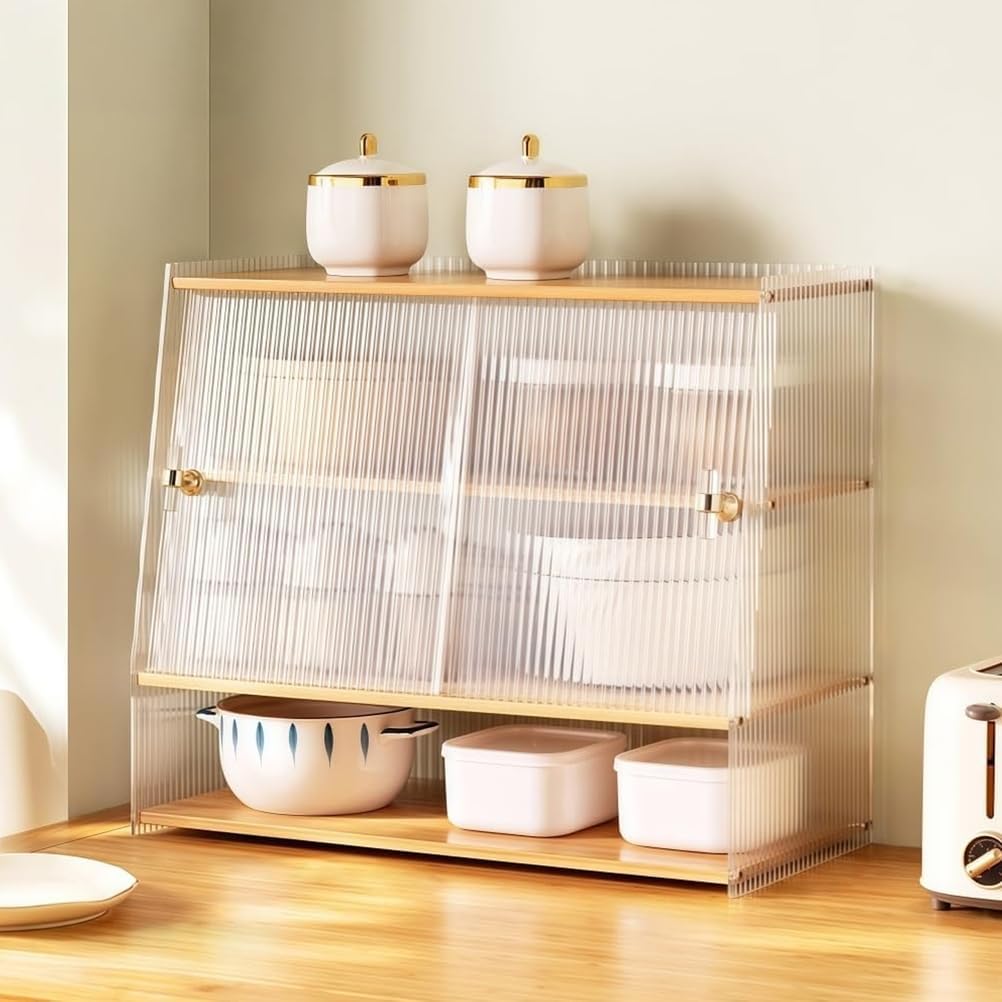 3-Tier Clear Acrylic Organizer, Mug Shelf with Sliding Doors, Display Coffee Cup Holder, Pantry Cabinet for Bowls, Spices, or Bathroom Storage,Brown