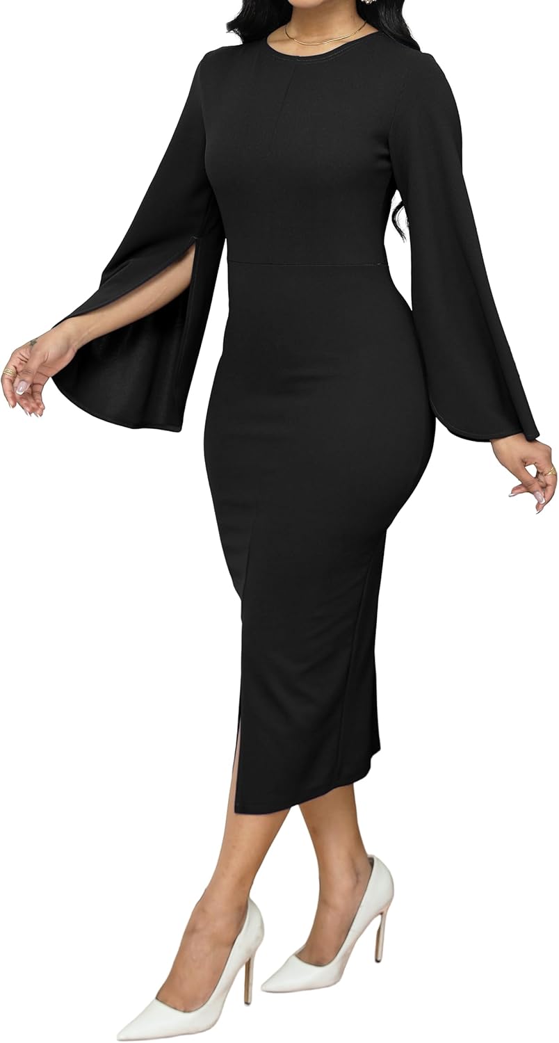 Women Church Dresses Bodycon Work Dress Bell Long Sleeve Round Neck Business Pencil Dresses - Image 6