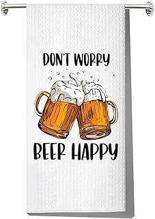 LEVLO Funny Cheers Beer Kitchen Towel BBQ and Beer Lover Gift Don't Worry Beer Happy Oktoberfest Tea Towel Housewarming Gift (Beer Happy Towel)