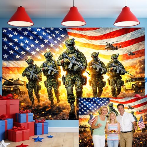 6X4ft Independence Day Photography Backdrop, American Flag Military Patriotic US Army Soldiers Battlefield Background, Veterans Day 4th of July Independence Day Decorations Banner