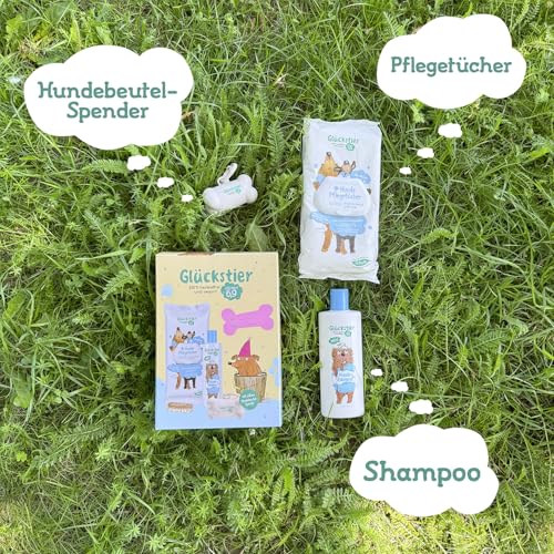 Glückstier Duo Geschenkset | Mit Glückstier Hundeshampoo parfümfrei (250ml) | Hundepflegetücher (60 STK.) | Hundebeutel-Spender (inkl. 15 Beutel) | ohne Parfüm | für Welpen & Sensible Hundenasen