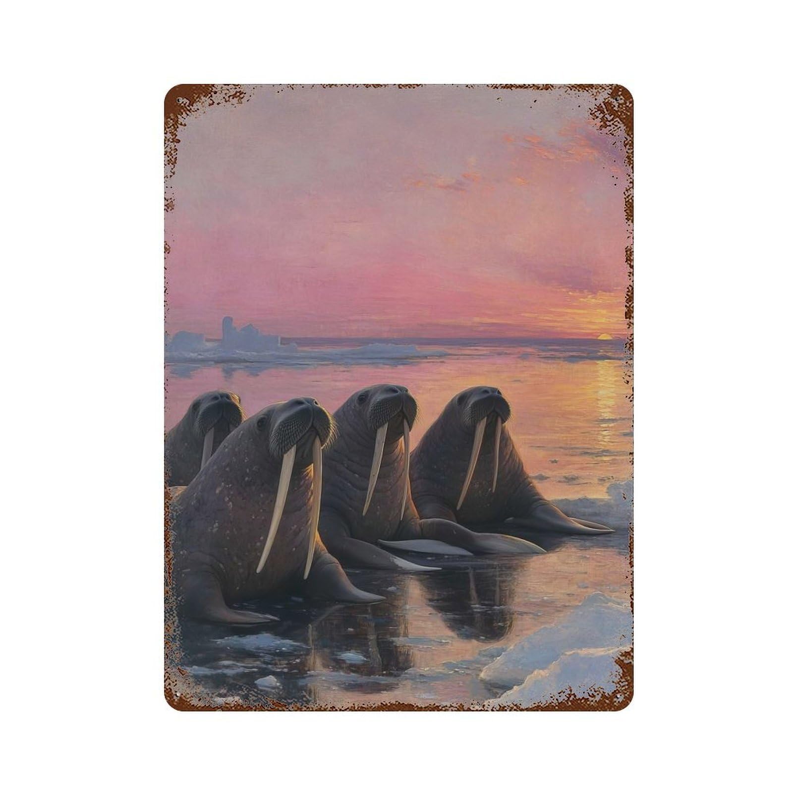 Garage Style Walruses at Sunset Vintage Rust Metal Sign 15.7"x11.8", Rustic Home Decor for Bar And Workshop