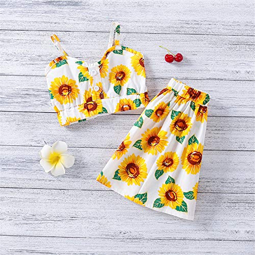 1-6T Kids Toddler Baby Girl Sunflower Outfit Sleeveless Crop Top Midi Skirt Dress Summer Clothes Set (Yellow, 3-4T) #TOP2