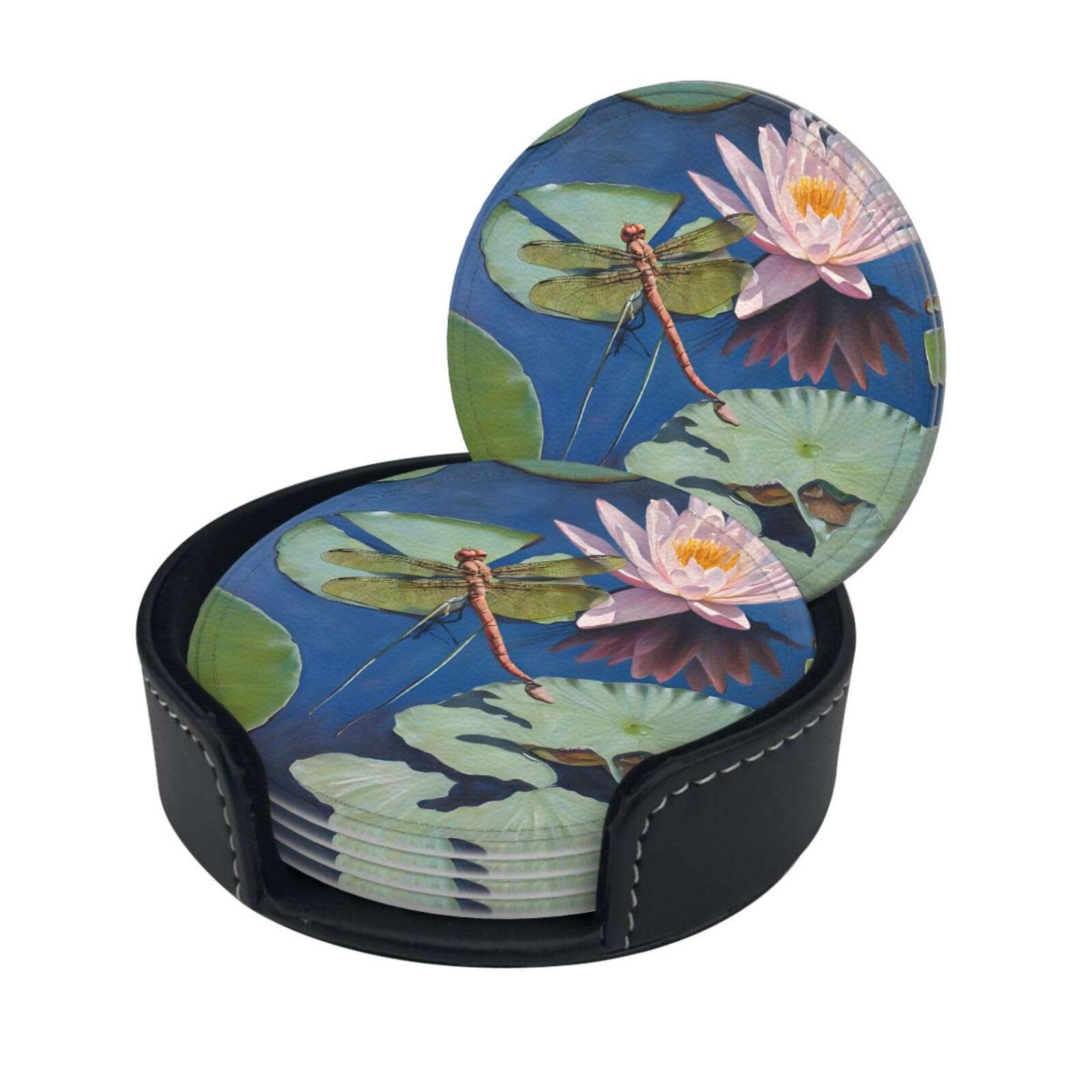 Dragonfly Painting Print Coaster,Round Leather Coasters with Storage Box for Wine Mugs,Cold Drinks and Cups Tabletop Protection (6 Piece)