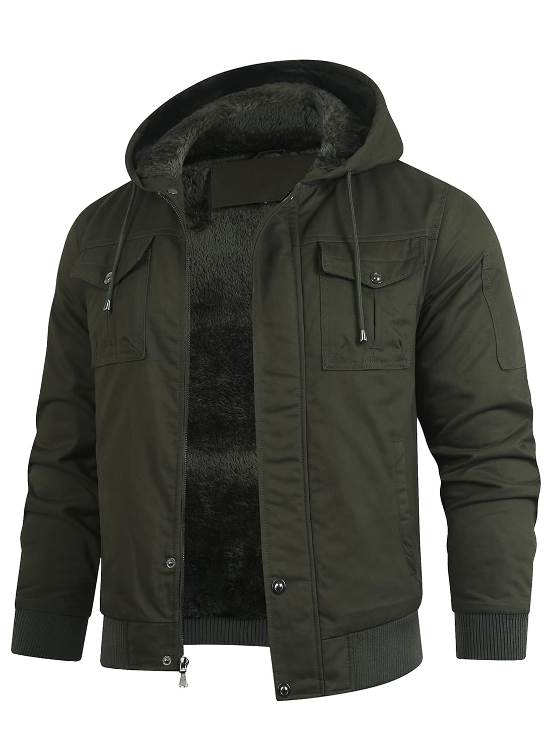 HOOD CREW Herren Freizeit Winterjacken Übergangsjacke Baumwolle Warme Fleece Jacken mit Taschen Cargo Arbeitsjacke mit Kapuze