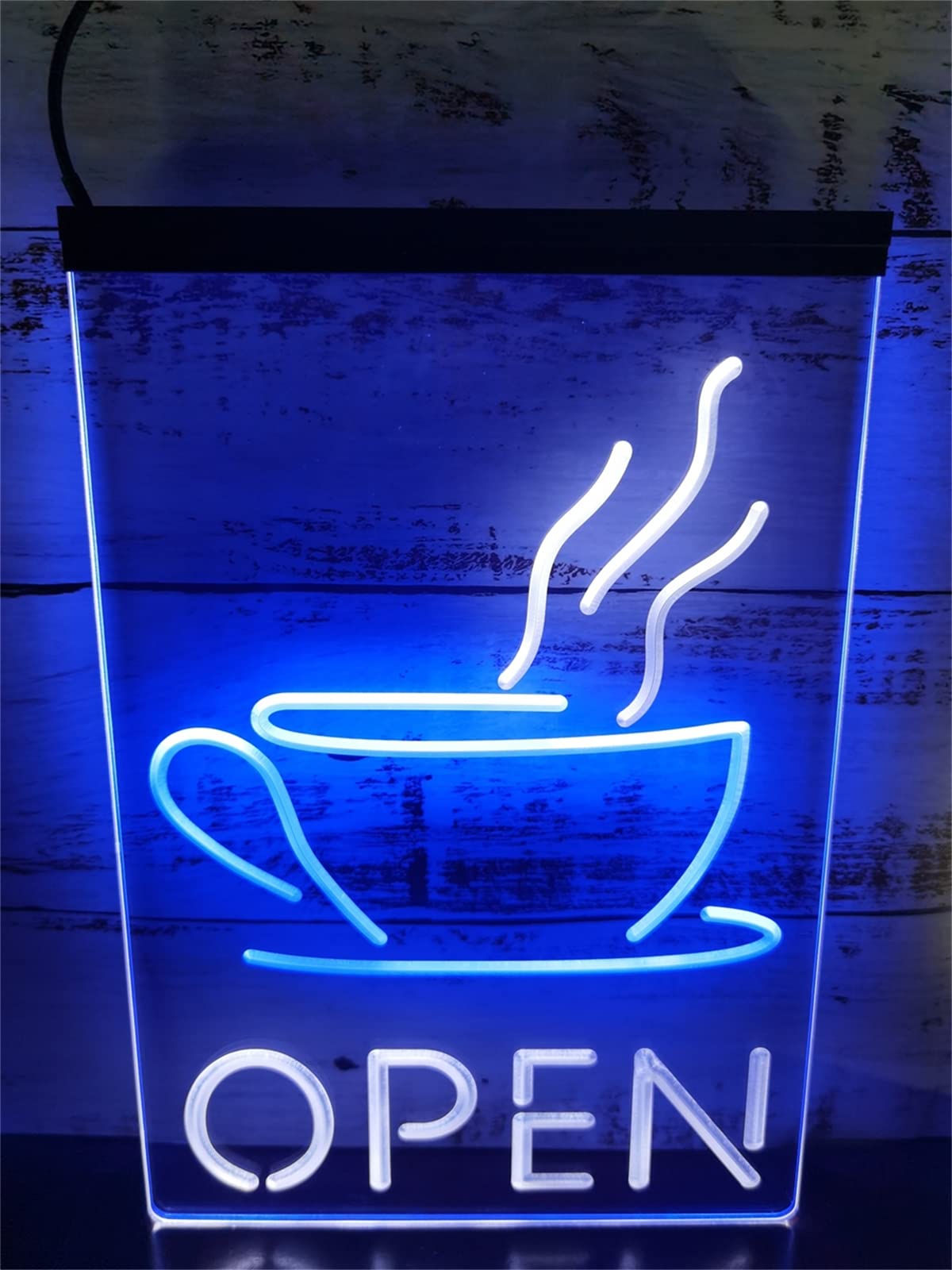 KEYQEEN Open Coffee Cup LED Neon Sign, Cafe Shop Party Dual Color Neon Lights for Wall Decoration USB Luminous Signboard,White Blue,30x40cm