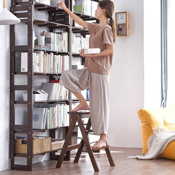 Household Solid Wood Folding Ladder Folding Chair Thickened Climbing Wooden Step Stool (Walnut Color) | Thickened Solid Wood, 500LBS Load, 16.5W24.8H, 2-in-1 Ladder & Chair, Foldable Space-Saving for Home Kitchen Library