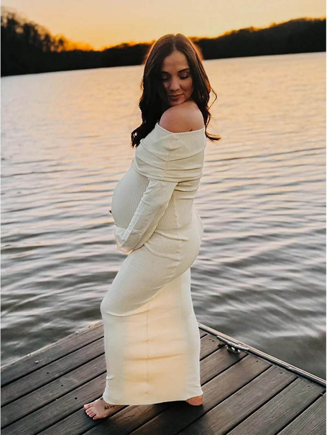 Cichic Knit Off Shoulder Flare Sleeve Mermaid Bodycon Elegant Vacation Photoshoot Baby Shower Maternity Maxi Dress