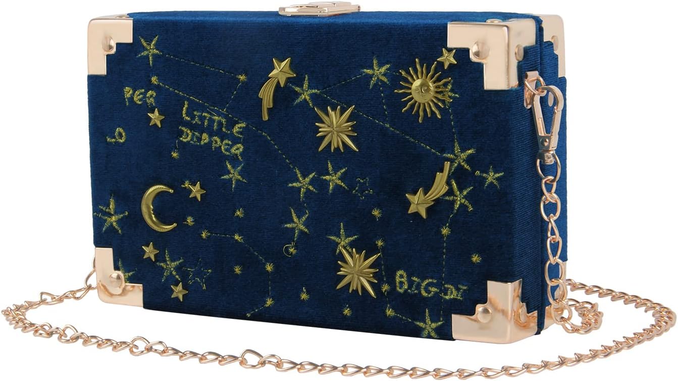 Oweisong Women Velvet Box Shape Evening Handbag Party Embroidery Star Moon Clutch Bag Elegant Crossbody Shoulder Purse