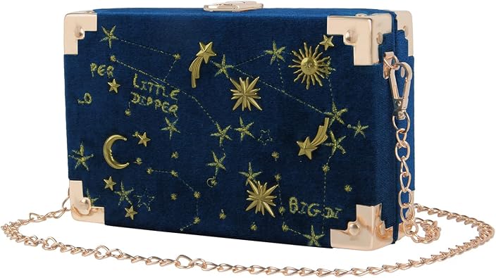 Oweisong Women Velvet Box Shape Evening Handbag Party Embroidery Star Moon Clutch Bag Elegant Crossbody Shoulder Purse