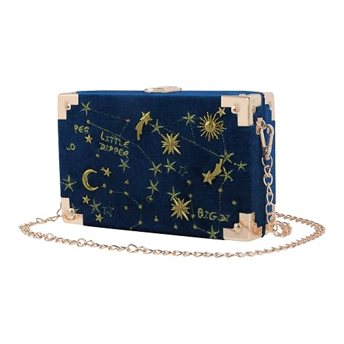 Oweisong Women Velvet Box Shape Evening Handbag Party Embroidery Star Moon Clutch Bag Elegant Crossbody Shoulder Purse - Blue