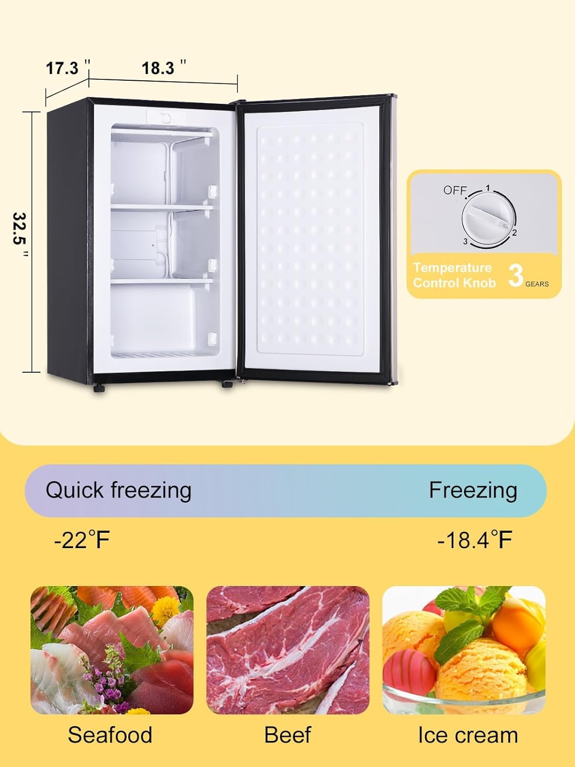 Compact Upright Freezer 3.0 Cu.ft Removable Shelves Mini Freezer Low Energy Single Door Refrigeratorfor for Bedroom, Office, Kitchen, Apartment, Dorm，Silver