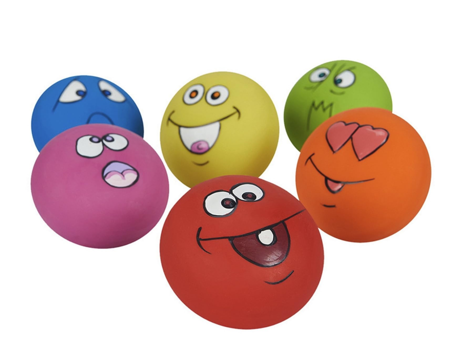 Smiley Face - Juguetes chirriantes de látex suave con cara de emoji, bolas chirriantes vibrantes para perros y mascotas, 6 unidades por juego