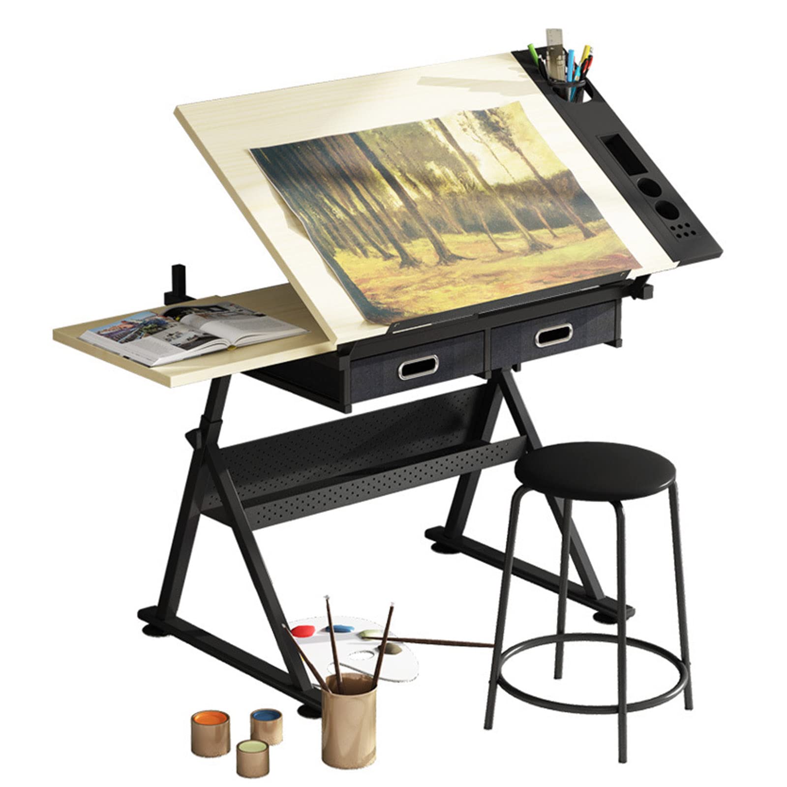 NGDFGR Easel Drawing Table Art Craft Drawing Desk,Height Adjustable Drawing Table With Tiltable Tabletop,Folding Adjustable Craft Table With Stool And 2 Storage Drawers,For,