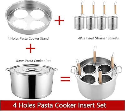 Pasta Pot with Lid Multipurpose Stock Pot Steamer with Divider and Colander Strainer Stainless Steel Large Capacity Cooking Pot for Spaghetti Macaroni Dumpling,4 Holes [Energy Class A]