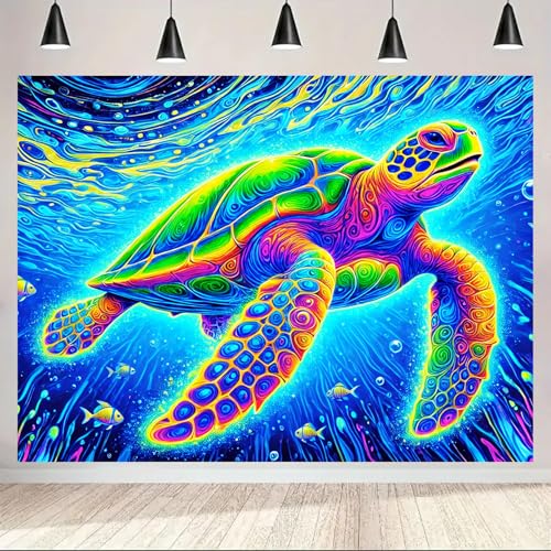 Image of BlissYard Blacklight Tapestry 78x59 Inch Sea Turtle Glow in the Dark Trippy Ocean Wall Art UV Reactive Neon Psychedelic Turtle Tapestry for Bedroom Dorm Party Wall Hanging Decor