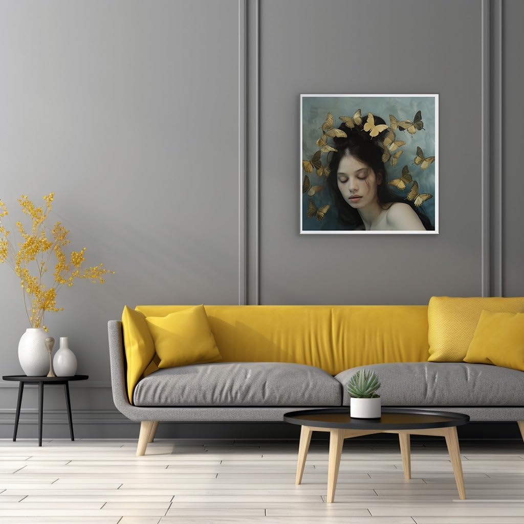 Canvas for Living room. Enchantment Underwater: A Serene Dream with Golden Butterflies Surrounding a Peaceful Dreamer, 27 x 18 inch Canvas Wall Art - Watercolor Painting - Inspirational Office Decor