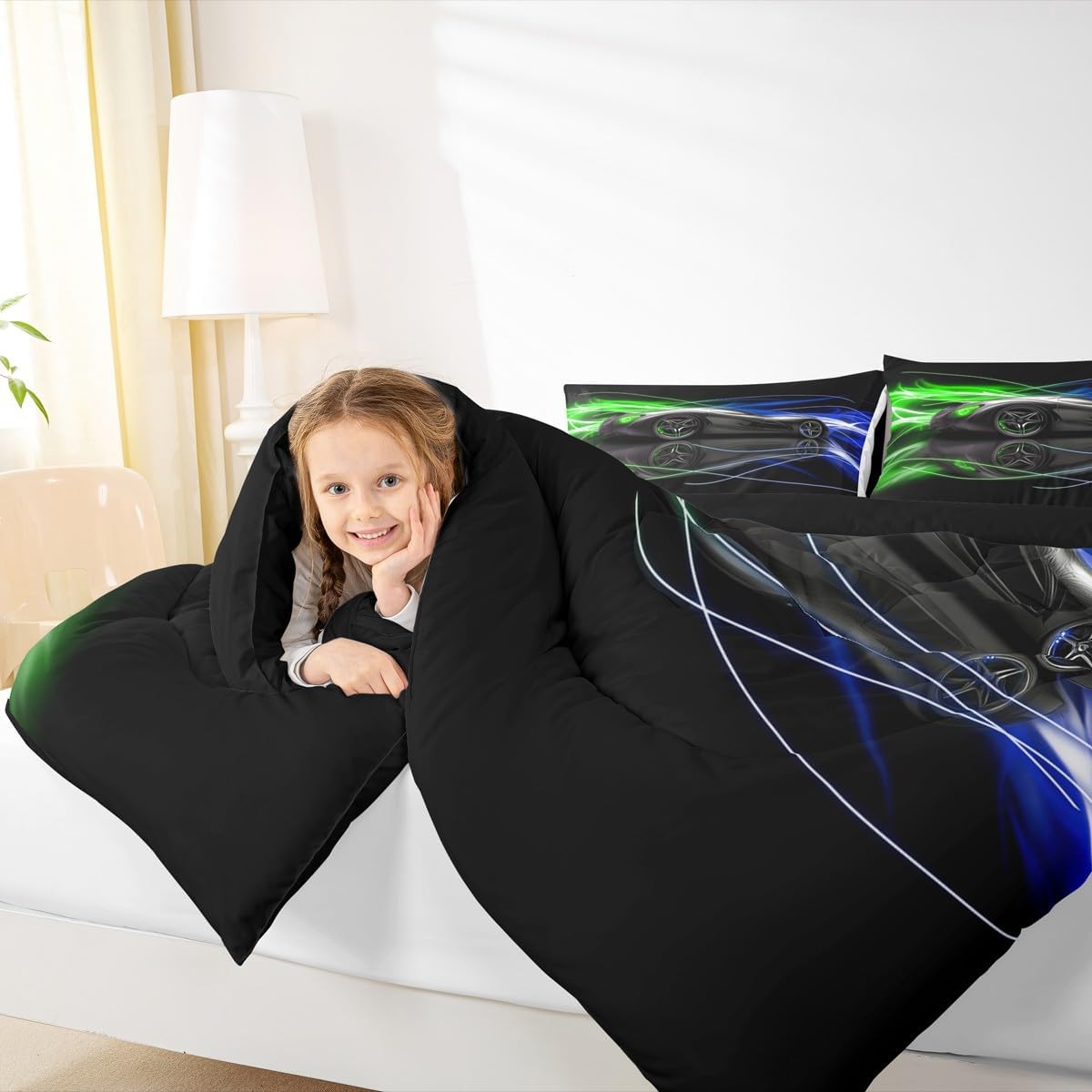 jejeloiu Racing Car Comforter Set All Season Cool Sports Car Bedding Set with 1 Pillow Cases Extreme Sports Microfiber Kids Twin Bedclothes Blue Green Bedroom Decor Duvet Quilt Soft Lightweight