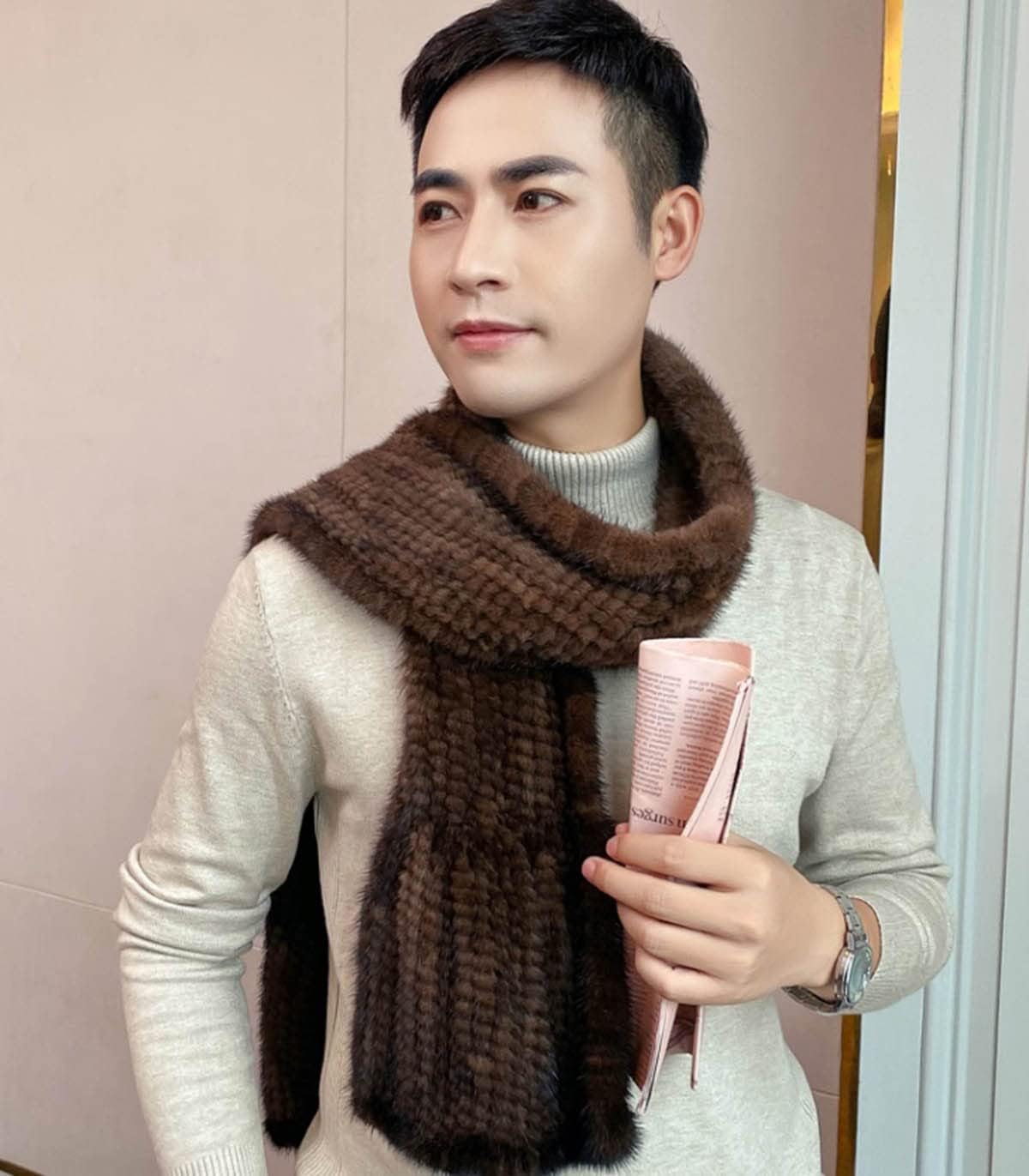 Men Winter Scarves Real Mink Hair Scarf Neck Warmer Cold Weather Long Wrap Design Warm Outdoor