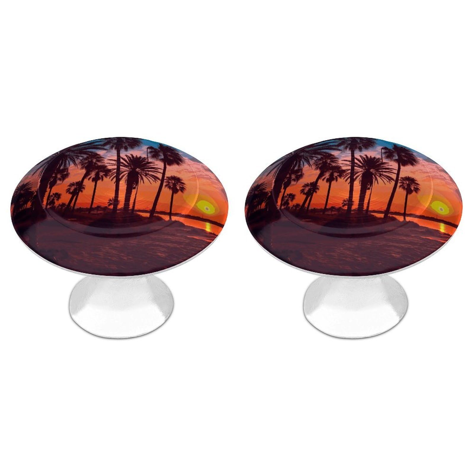 FekiLoot Palm Tree Sunset Cabinet Knobs Personality Stainless Steel Round Drawer Handles Circle Modern Cabinet Handles Drawer Knobs for Kitchen Dresser Bathroom Cupboard Furniture