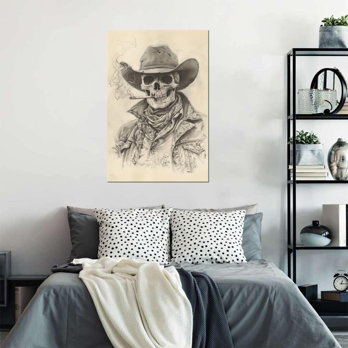 Vintage Skull Cowboy Canvas Wall Art Western Art Modern Skeleton Head Retro Southwestern Minimalist Prints Posters for Living Room Bedroom Decor Framed(12"L x 16"W)
