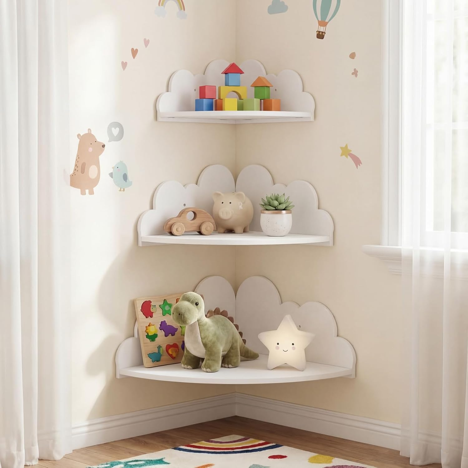 Novabright 3 Pack Cloud Floating Corner Shelves, 9/10/12 Inch Wall Mounted Corner Shelves for Room & Nursery Decor, Cute Cloud Display Shelf for Storage, Plants, Books & Small Decor